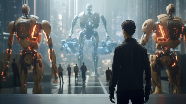 Man Confronts Futuristic Robots in a Technologically Advanced Metropolis