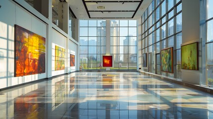 Wall Mural - Modern art gallery with oversized aluminum glass windows that provide natural light to illuminate the artworks, set in an urban environment.