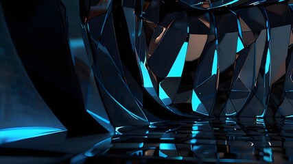 Wall Mural - Generative AI illustration of abstract background of curved geometric wall and floor made of shiny dark glass