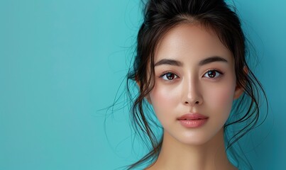 Wall Mural - beautiful young asian woman model long hair using brush makeup on her face clean fresh skin on , blue background cute girl portrait facial treatment body care beauty and spa.illustration