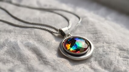 a polished silver necklace with a pendant, on a white fabric surface.
