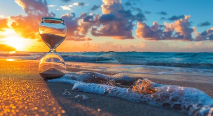 Wall Mural - Hourglass On Sandy Beach At Sunset