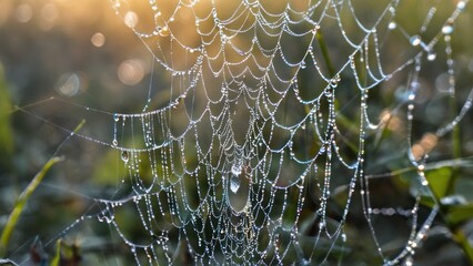 A close-up of morning dew on a spider web, captured in high-resolution detail.