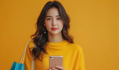 young energetic asian woman holding blank use smartphone searching shop retail with colorful shopping bags on beige background online shoping futuristic.image graphic