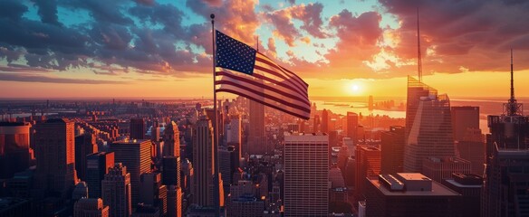 Wall Mural - American Flag Waving Over New York City Skyline at Sunset