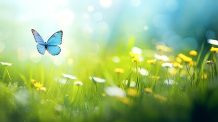 Beautiful spring meadow background with a butterfly flying in the sunlight