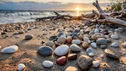 A tranquil beach with smooth pebbles, driftwood, and a gentle breeze.