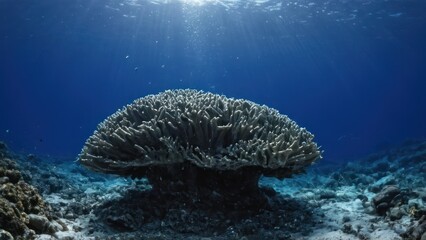 Wall Mural - a photograph of an underwater view of a coral reef with a large rock in the middle of the water