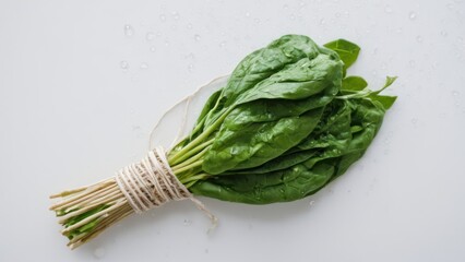 bunch of spinach leaves wrapped in twine on a white surface with water droplets