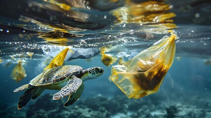 Plastic pollution in ocean, Environmental problem. Turtles eat plastic bags mistaking them for jellyfish