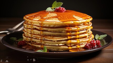 Wall Mural - Close-Up of pile of pancakes with melted sweet syrup and fruit toppings with a blurred background