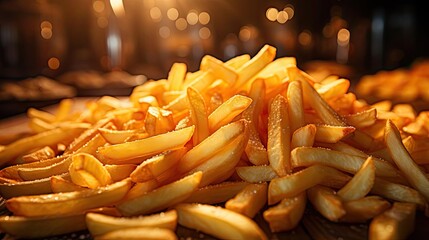 Wall Mural - Delicious French fries, crunchy, salty, tasty, with blur background
