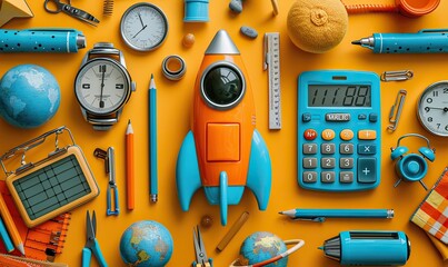 back to school frame of colorful school supplies rocket shaped pencil case calculator notepad scissors pens clips sharpeners on yellow background flat lay top view copy space.photo stock