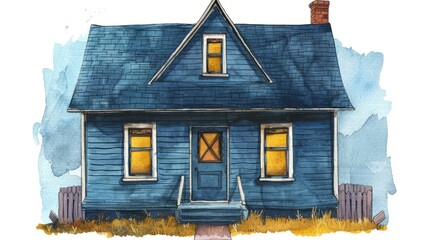 Cozy blue house watercolor illustration. Charming watercolor illustration of a blue house with glowing windows, perfect for real estate, home decor, and lifestyle projects.