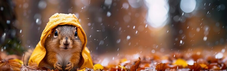 Cute Red Squirrel in Yellow Raincoat on Rainy Autumn Background