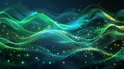 Wall Mural - Green Wave with Dots and Lighting on Dark Blue Background - Vector Abstract Illustration