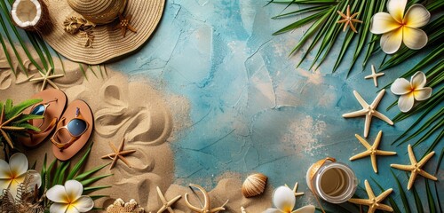 Wall Mural - Sandy Beach With Blue Ocean Waves, Sea Shells, Flowers, Sunglasses, and Hat