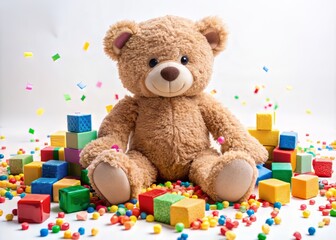 adorable plush teddy bear sits alone on a white background, surrounded by colorful blocks and toys, 
