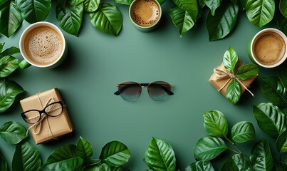 Wall Mural - happy , greeting card template flat lay composition with gift box coffee cup tie glasses on green background.image illustration