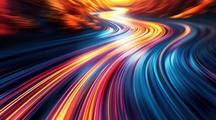 Poster - A colorful, blurry image of a winding road with a sunset in the background