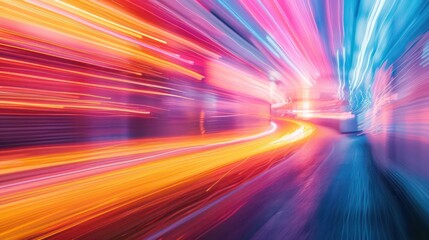 Poster - A colorful, blurry image of a city street with a bright orange line