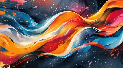 Poster - A colorful painting of a wave with a blue and orange stripe