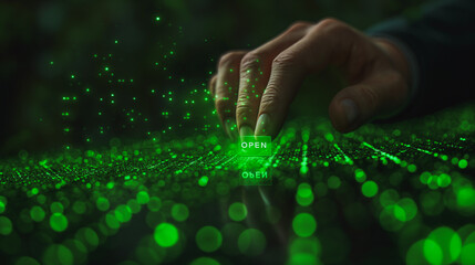 Poster - A hand is pointing to a green screen with the word open on it. The image has a futuristic and technological feel to it, with the green screen and the glowing hand