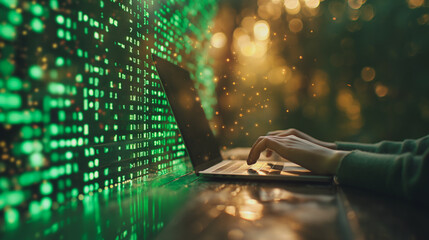 Poster - A person is typing on a laptop in front of a green screen with a lot of numbers. Concept of technology and productivity, as the person is using the laptop to work or create something