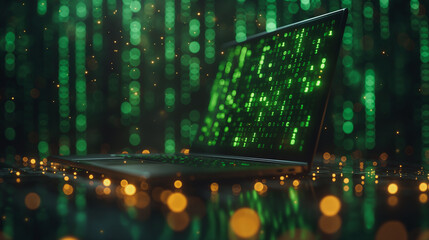 Poster - A laptop is open to a green screen with a lot of glowing dots. Concept of technology and futuristic atmosphere