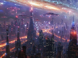 Wall Mural - Futuristic cityscape with towering skyscrapers, flying vehicles, and a sparkling galaxy backdrop, showcasing advanced technology and modern architecture.