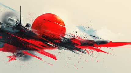 Poster - A red and black painting of a sun with a red circle in the middle. The painting has a lot of red and black splatters, giving it a chaotic and energetic feel