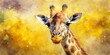 © Adisorn - Vibrant yellow background showcases a beautiful giraffe's close-up face in watercolor style, featuring soft, blended brushstrokes and gentle, dreamy expression.
