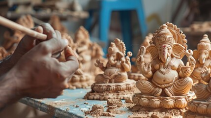 Wall Mural - Traditional clay Ganesha idols being crafted by artisans, highlighting the cultural craftsmanship and preparations for Ganesh Chaturthi