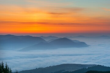 Wall Mural - dawn in the ukrainian carpathians with fog on the mountain slopes