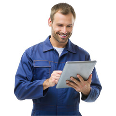 Auto mechanic using tablet isolated on transparent background