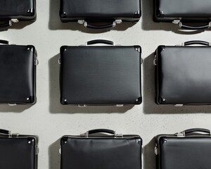 Poster - Organized Array of Black Briefcases on a Gray Corporate Floor, Symbolizing Structure and Professionalism in a Business Setting