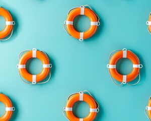 Poster - Vibrant Pattern of Orange Lifebuoys on Turquoise Background, Evoking Sunny Day and Clean Design