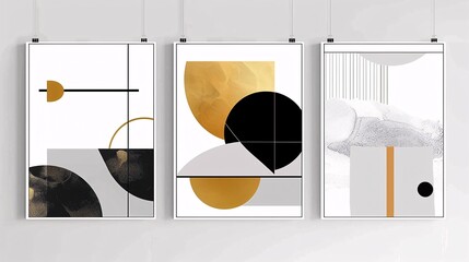 Fototapete - Three minimalistic abstract art posters arranged horizontally on a white wall. The posters showcase bold lines and basic shapes in contrasting colors of black, white, and gold, creating a striking