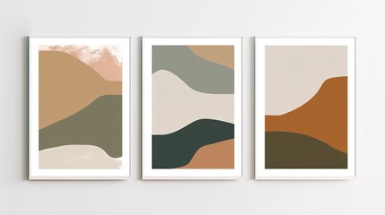 Aufkleber - A trio of minimalistic abstract art posters, aligned horizontally on a white wall. Each poster showcases simple, abstract shapes in muted earthy tones, blending art and simplicity seamlessly