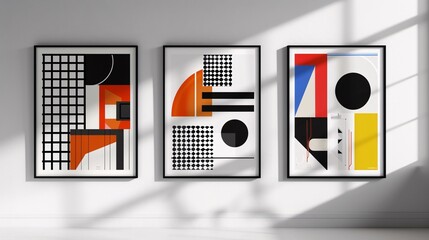 Aufkleber - Three modern abstract art posters with a minimalistic approach, hung in a row on a white wall. The posters display geometric patterns in black, white, and primary colors, creating a bold, modern look