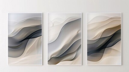 Aufkleber - Three elegant abstract art posters with minimalistic designs, mounted together on a white wall. The artwork features subtle gradients and flowing lines in shades of gray and beige, promoting a