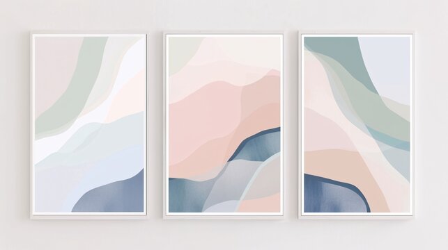 A trio of modern abstract art posters with a minimalistic aesthetic, mounted on a white wall. Each poster features fluid, organic shapes in soft pastel tones of pink, blue, and green, offering a