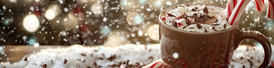 A mug of creamy peppermint mocha, adorned with candy canes and chocolate shavings, on a snowy winter day