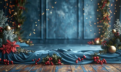 Wall Mural - product display podium scene with blue textile cloth and christmas decorations.photo stock