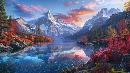 A detailed wall painting of a mountainous landscape at blue hour, featuring a crystal-clear lake reflecting the rugged peaks and the vibrant blue sky. The 3D fractal texture in the foliage and rock