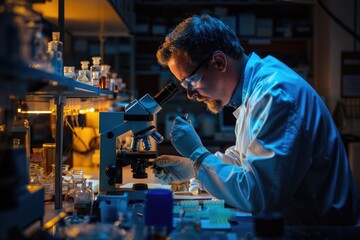 Poster - Scientist examining samples in a well-equipped lab, utilizing an advanced microscope and various equipment. AIG58
