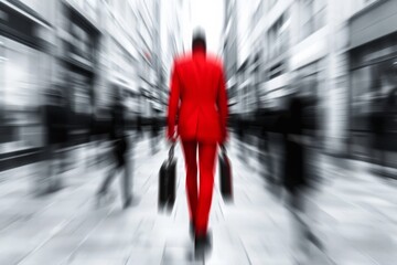 Aufkleber - Abstract Motion Energetic Urban Commute Captured in Striking Red Suit Amid Monochrome Backdrop and Blurred Briefcases in Symmetrical Fusion