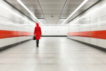 Poster - Abstract Portrait in Urban Setting Person in Vibrant Red Suit with Blurred Black and White Background, Symmetrical Composition and Dynamic Motion Effect