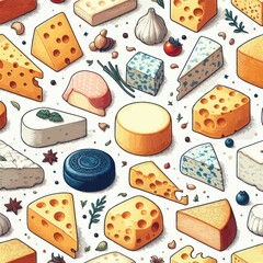 Wall Mural - Attractive vector illustration of a collection of different pieces of cheese on a white background