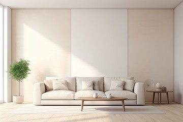 Wall Mural - Modern Living Room Interior Design with White Sofa and Beige Wall. Cushions, Coffee Table, and Mockup Poster Frame